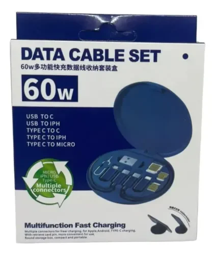 SET CABLE DATA/ MULTIPUERTOS /TIPO C/MICRO/ IPHONE/USB 60W 1