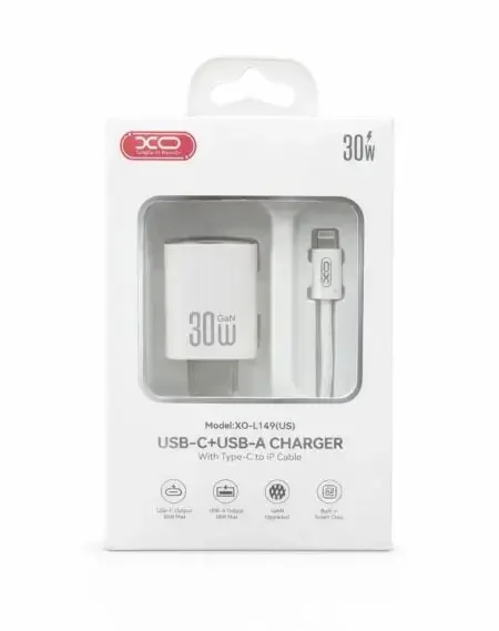 CARGADOR DE TELEFONO 30W + CABLE TIPO C XO L149 CARGA RAPIDA