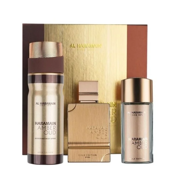 Al Haramain Amber Oud Gold EDP Unisex Set 75 ml + Desodorante 200 ml + Mini 30 ml