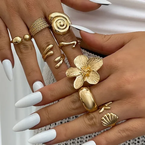 Anillo de articulación abierta de Color dorado Vintage bohemio para mujer, conjunto de anillos para nudillos de estrella de mar con flores estilo playero para vacaciones, joyería