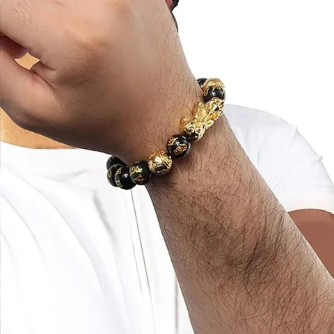Pulsera de riqueza y suerte FengShui, pulsera de riqueza Pixiu de obsidiana negra Feng Shui, pulsera elástica de cuentas de Buda de prosperidad