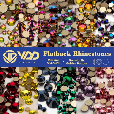 VDD SS4-SS20 mezcla de tamaños, cristal transparente sin fijación por calor, decoraciones de diamantes de imitación dorados con parte posterior plana, piedras brillantes DIY, accesorios para decoración de uñas 3D