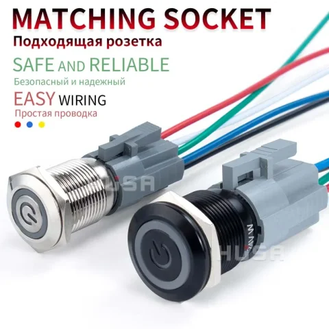 Interruptor de botón pulsador metálico impermeable con cable de 12, 16, 19, 22 mm, anillo LED/luz de alimentación, momentáneo/con retención, 5/12/24/220 V, plateado 1NO1NC