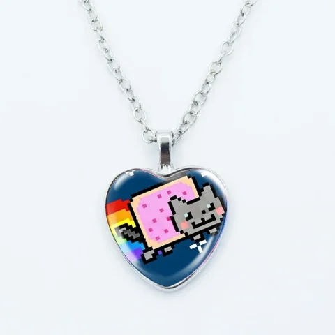 Collar con colgante de corazón de gato alienígena arcoíris, bonito y divertido, con forma de animal, cabujón de cristal con foto artística, joyería para niños y mujeres 5