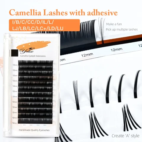 Extensiones de pestañas de Camelia Yelix LB LJ Curl, ventiladores de fabricación propia, extensiones de pestañas de volumen, pestañas florecientes de Camelia, pestañas individuales