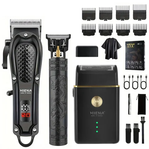 Cortadora de Pelo Profesional Hiena 212, Set de Cortadora de Pelo para Hombre, Recortadora de Pelo Eléctrica Inalámbrica de Metal para Barberos, Pantalla LCD