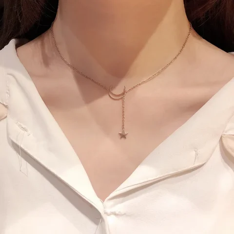 Nuevo Simple Luna estrella colgante gargantilla collar Simple Color oro aleación encanto cadena Collares collar para mujer joyería de fiesta 4