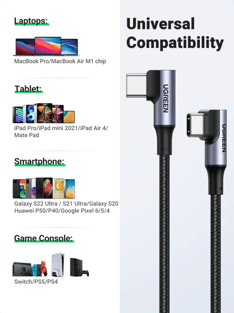 Cable USB-C UGREEN de 90 Grados, PD100W/60W, Tipo-C, para Juegos, Cable de Carga en Ángulo Recto, 5A/3A, para iPhone 17/16, Samsung, MacBook, 0.5-3M 4