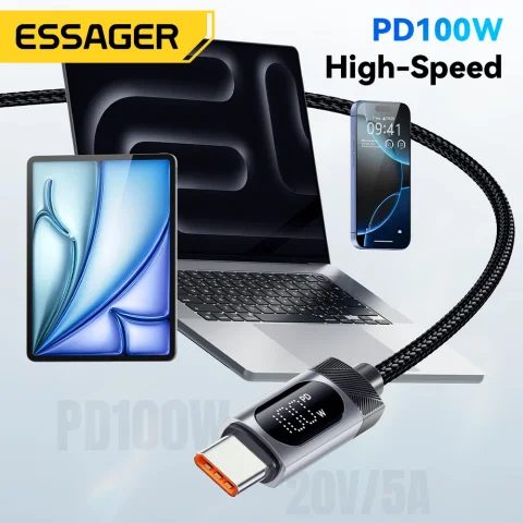 Cable USB C de pantalla Digital Essager para iPhone 17 16 15 Xiaomi Huawei 100W PD carga rápida para Macbook iPad Cable tipo C a C 3
