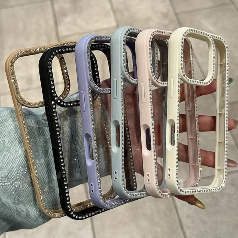 Funda de teléfono transparente de lujo con joyas de diamantes para iPhone 11, 12, 13, 14, 15, 16, 17 Pro Max Plus, funda trasera con purpurina de aire