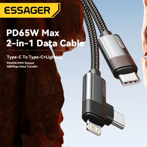Essager Cable de ángulo recto 2 en 1 PD 65W 29W Cable de datos de codo de carga rápida para iPhone 15 14 13 MacBook Lenovo Asus Dell iPad Pro