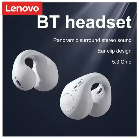 Auriculares inalámbricos de conducción ósea Lenovo New Clip-on con micrófono, larga duración de batería, auriculares deportivos para música y juegos.