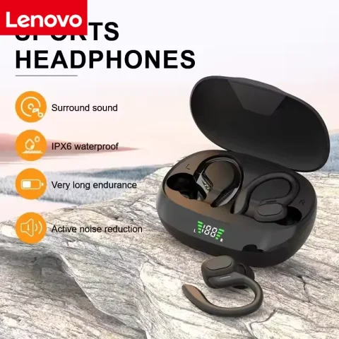 Auriculares inalámbricos Lenovo Bluetooth 5,3, auriculares deportivos con batería de larga duración, ganchos para la oreja con reducción de ruido, auriculares impermeables