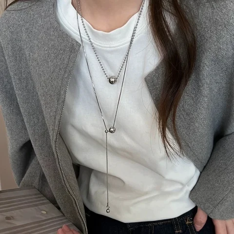 LATS-collar con colgante de bola de cuentas de acero inoxidable con personalidad para mujer, gargantillas de Hip Hop Rock de doble capa de Color plateado, joyería