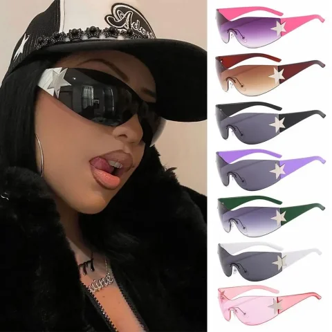 Gafas de sol envolventes de gran tamaño con forma de estrella, gafas de sol sin montura Y2K para mujeres y hombres, gafas Punk de una pieza, gafas deportivas de sol