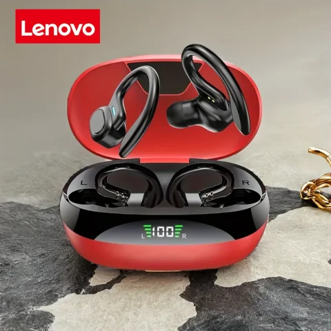 Auriculares Lenovo inalámbricos con gancho para la oreja, auriculares deportivos con micrófono, pantalla LED de energía, sonido estéreo Hifi, Bluetooth 5.3 TWS