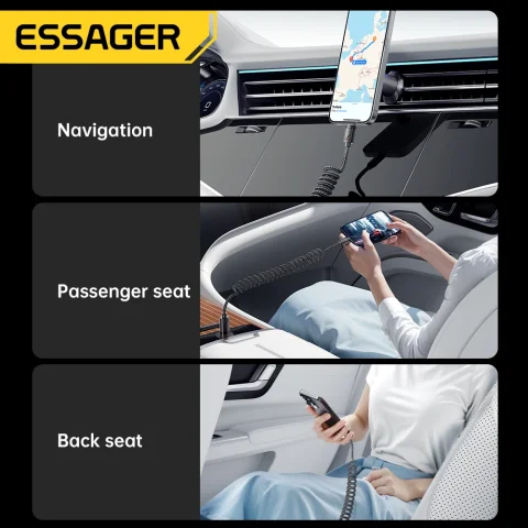 Cable Essager tipo resorte para coche C para iPhone 17 16 15 Pro Xiaomi Samsung 100W PD carga rápida para Macbook iPad Cable tipo C a C 3