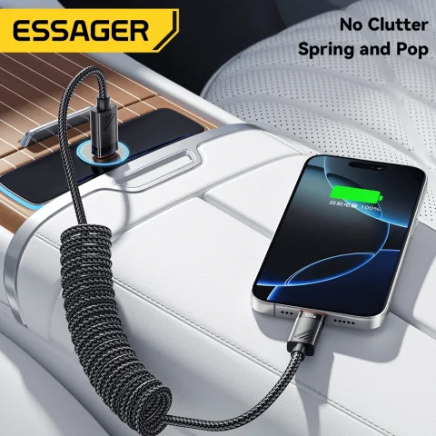 Cable Essager tipo resorte para coche C para iPhone 17 16 15 Pro Xiaomi Samsung 100W PD carga rápida para Macbook iPad Cable tipo C a C 4