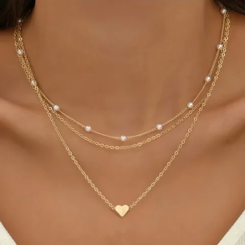 LATS-collares con colgante de corazón de amor y cruz de perlas multicapa para mujer, cadena de cuello de clavícula a la moda de Color dorado, joyería de tendencia 2024