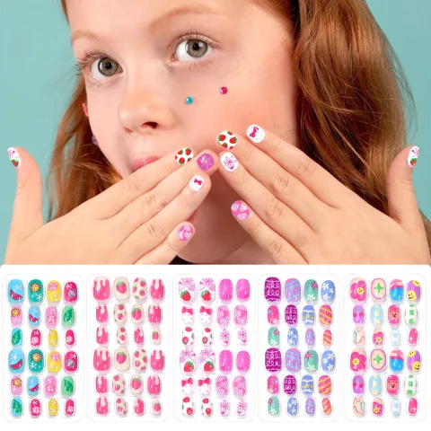 120 Uds. De uñas postizas acrílicas de dibujos animados para niños, puntas de uñas postizas cortas de cobertura completa para niñas Kawaii con pegamento de gelatina # @