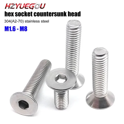 HZYUEGOU M1.6 M2 M2.5 M3 M4 M5 M6 M8 304 A2 Acero Inoxidable DIN7991 Tornillo Allen de Cabeza Plana Cónica Hexagonal
