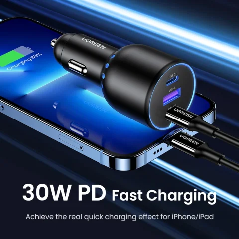 UGREEN 130W USB C cargador de coche rápido para Xiaomi iPhone 17 Samsung Galaxy S25 portátiles PD3.0 carga rápida USB tipo C cargador de coche 3