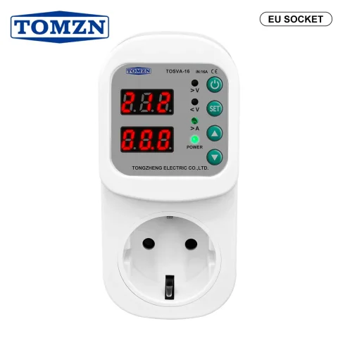 Protector de Voltaje y Corriente Automático TOMZN, Enchufe Ajustable de 110V/220V CA, Protector de Sobretensión de 16A, Enchufe Europeo TOSVA-16