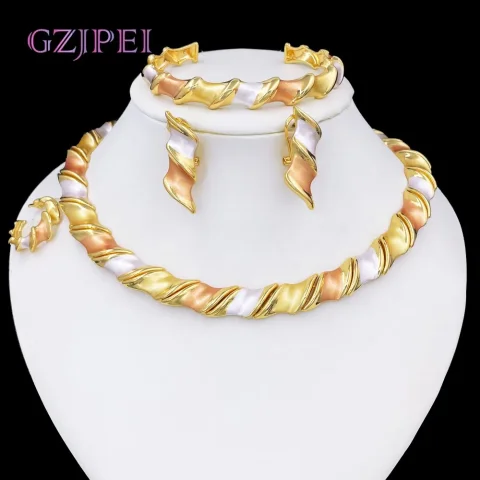GZJPEI 2025 nuevo conjunto de joyería de boda de lujo Dubai joyería de mujer de alta calidad tres tonos elegantes accesorios de fiesta regalo para el amor
