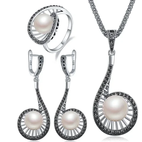 Ajojewel-Conjunto de joyería de perlas Vintage para mujer, pendientes colgantes de perlas blancas, colgante largo, collar, anillo de lujo, bonitos regalos para Año Nuevo