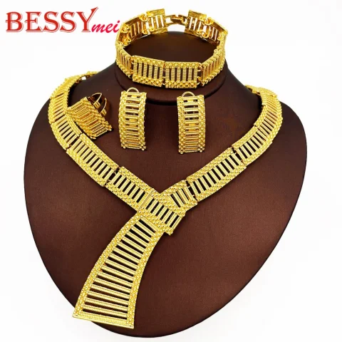 Conjunto de joyería grande con declaración exagerada, conjunto de joyería para mujer chapada en oro de 18 quilates de lujo africano de Dubái, regalo de fiesta de boda, nuevo de moda 2025