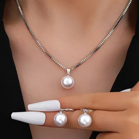 2 piezas de conjunto de joyería de perlas redondas, pendientes, colgantes, collares, conjunto de joyería de boda exquisita y de moda para mujer, regalos