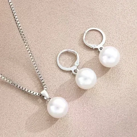 Conjunto de joyería de perlas redondas de 2 piezas, pendientes, colgantes, collares, conjunto de joyería de boda exquisito y moderno para mujer, regalos 4