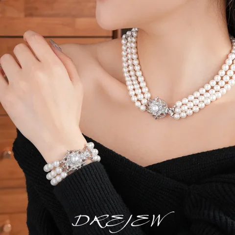 DREJEW-Conjunto de joyería de perlas multicapa con flores para mujer, pulsera de moda francesa, conjuntos de accesorios de temperamento de lujo ligeros