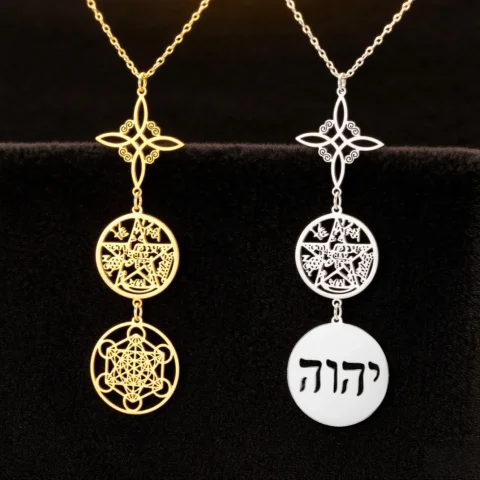 Jeshayuan Tetragrammaton hebreo judío הה Collar con colgante de cubo de Metatrón Collar de pentagrama de brujería para mujer