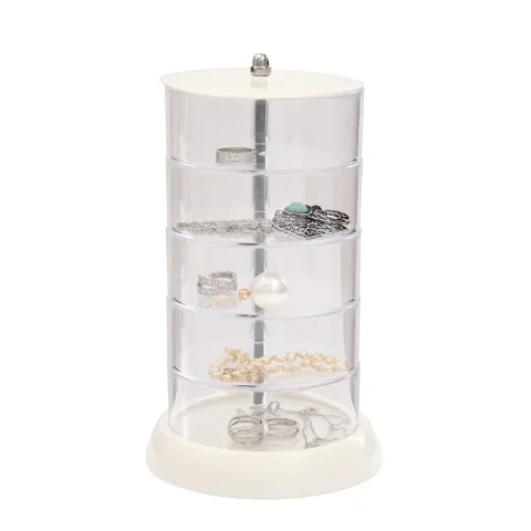 Adorable caja de almacenamiento giratoria transparente multicapa con fondo blanco, caja organizadora de figuras pequeñas, joyería Universal a prueba de polvo para el hogar 5