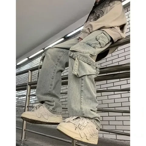 Pantalones vaqueros para hombre, ropa Vintage japonesa, nueva moda, pantalones vaqueros rectos de pierna ancha lavados de Color sólido con múltiples bolsillos