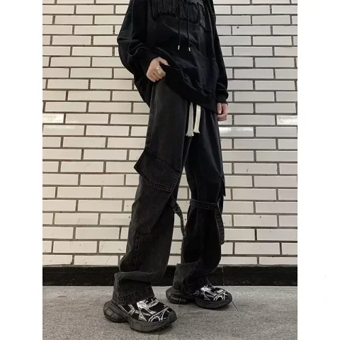 Pantalones vaqueros para hombre, ropa Vintage japonesa, nueva moda, pantalones vaqueros rectos de pierna ancha lavados de Color sólido con múltiples bolsillos