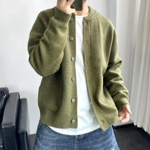 Suéter para Hombre 2025, Nuevo Cárdigan de Punto Casual para Otoño e Invierno, Color Sólido, Simple, Grueso y Cálido, Ropa Masculina