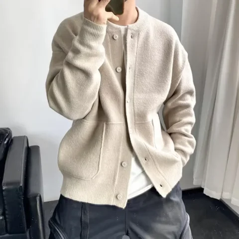 Suéter para Hombre 2025, Nuevo Cárdigan de Punto Casual para Otoño e Invierno, Color Sólido, Simple, Grueso y Cálido, Ropa Masculina