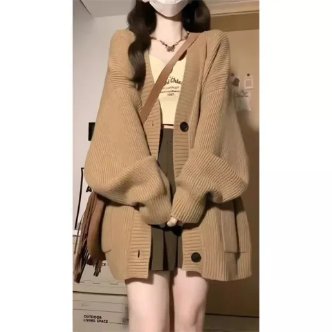 Suéter mujer 2024 moda Otoño Invierno nuevo suelto cuello pico botón linterna manga Color sólido cárdigan mujer BD4021