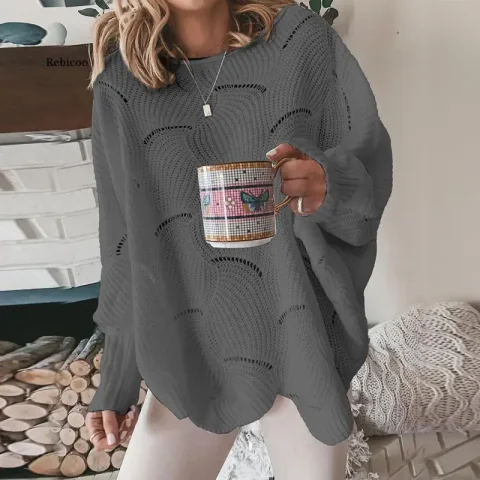 Suéter holgado de punto para mujer, Jersey elegante con cuello redondo, Tops de manga farol sólidos, otoño e invierno, 2022