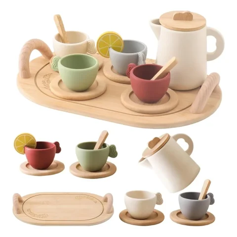 Juguetes de madera Montessori para niños pequeños, juego de simulación, juego de fiesta de té, tetera de silicona, tazas, bandeja de madera, cuchara, juguetes para niños, regalo de cumpleaños 1
