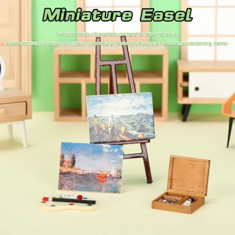 Juego de modelos de accesorios de juguete, muebles de casa de muñecas, Mini caja de madera de caballete en miniatura, tablero de dibujo, bolígrafo de pintura de artista