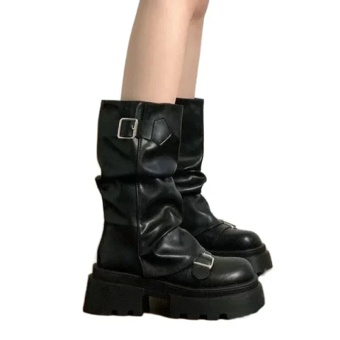 Zapatos para mujer, botas a media pantorrilla para mujer, botas modernas con plataforma, hebilla de cinturón para mujer, punta cuadrada, cremallera lateral, zapatos de tacón cuadrado para mujer