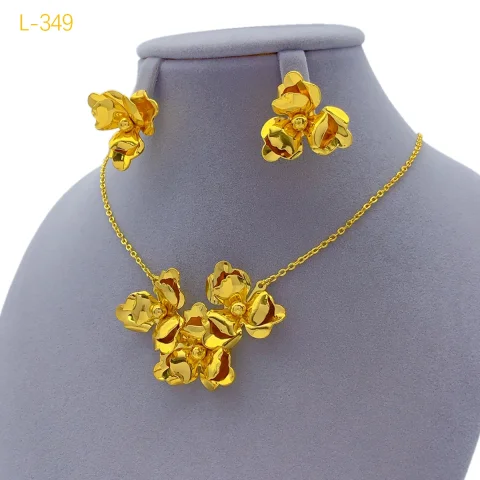 Dubai 24K chapado en oro collar pendientes conjunto de joyería para mujer flor africano indio Nigeria nupcial boda fiesta regalo joyería