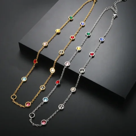 Pulsera enjoyada, collar, 12 piedras natales, conjunto de joyería de cristal colorido, acero inoxidable para mujer, pulseras T S de moda de lujo