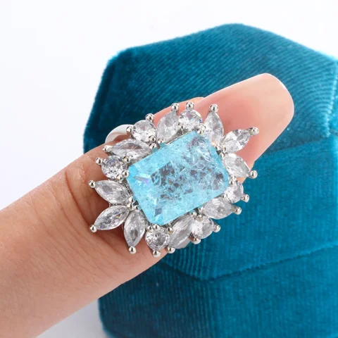 Anillo de joya cuadrado azul marino brillante de Europa y Estados Unidos, diseño clásico, anillo de plata 925 con circonita de diamante blanco completo para mujer