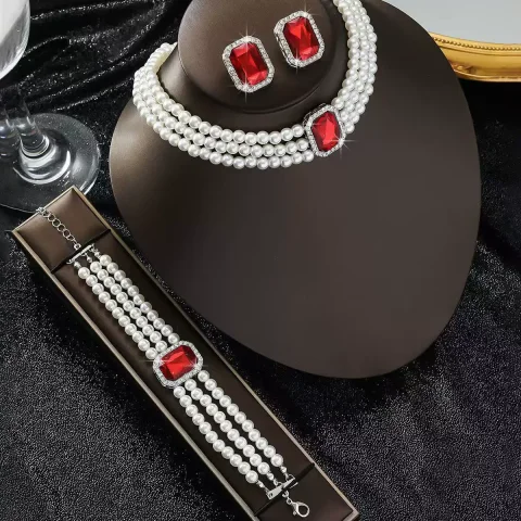 Conjunto de joyería de perlas blancas para mujer, cristales nupciales, collar, pulsera, pendientes, conjuntos de joyería para fiesta y boda