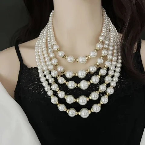Extravagante conjunto de collar de perlas multicapa y aretes de cuentas, excluido elegancia y versatilidad. 3