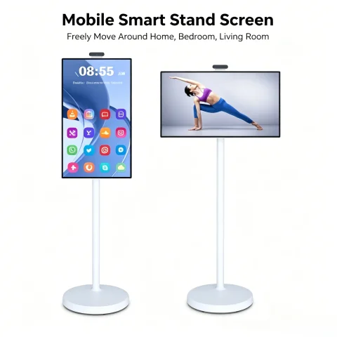 Soporte para Monitor Táctil Android Móvil, Pantalla Inteligente Giratoria de 21.5" 24" 27" 32" con Ruedas y Batería Recargable Integrada